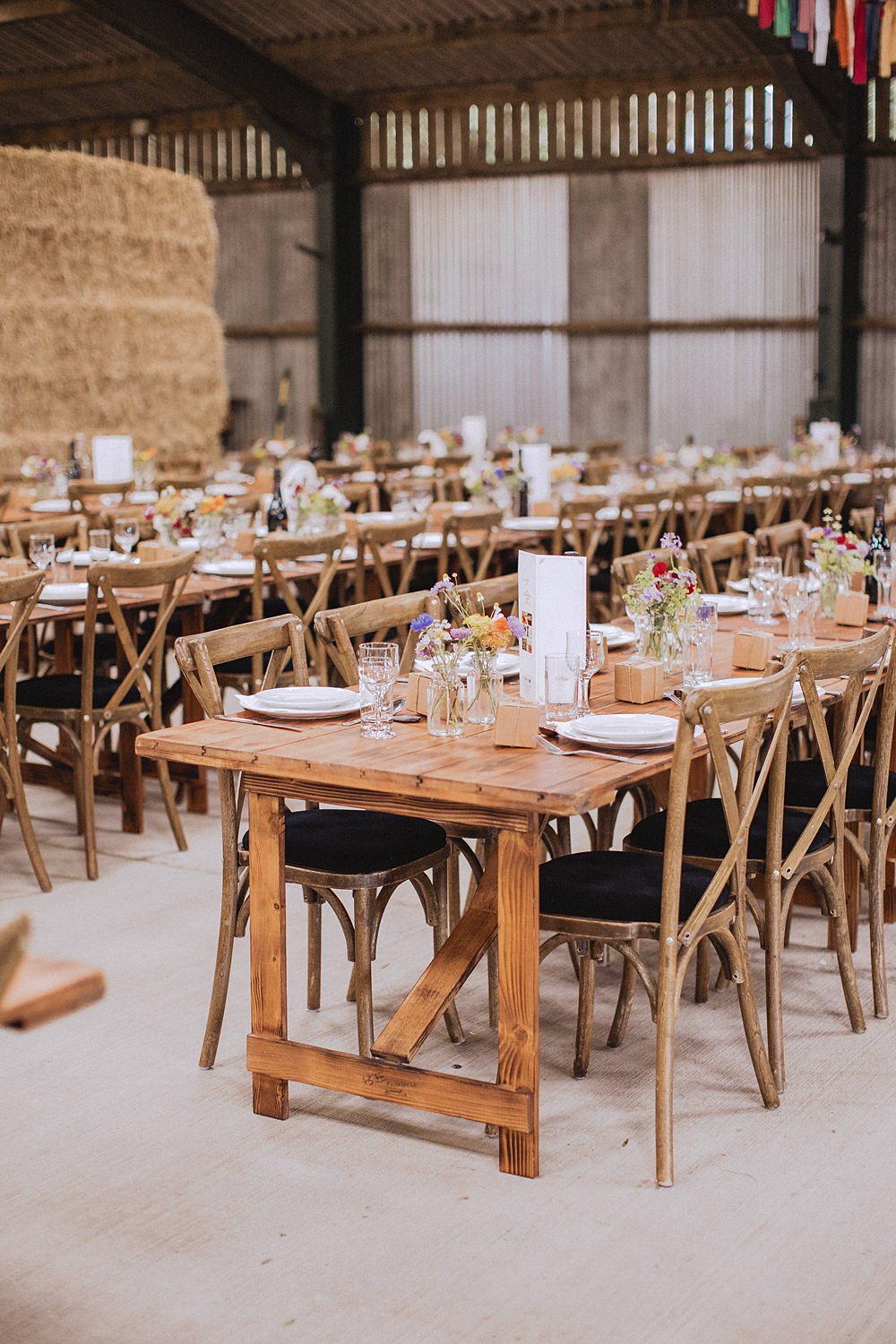 Long Wooden Table Barn Colourful Flowers Pen Y Fron Wedding Fox and Bear Photography