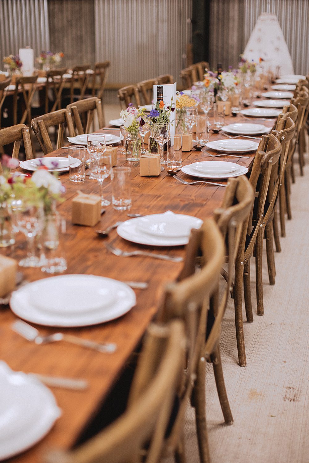 Long Wooden Table Barn Colourful Flowers Pen Y Fron Wedding Fox and Bear Photography