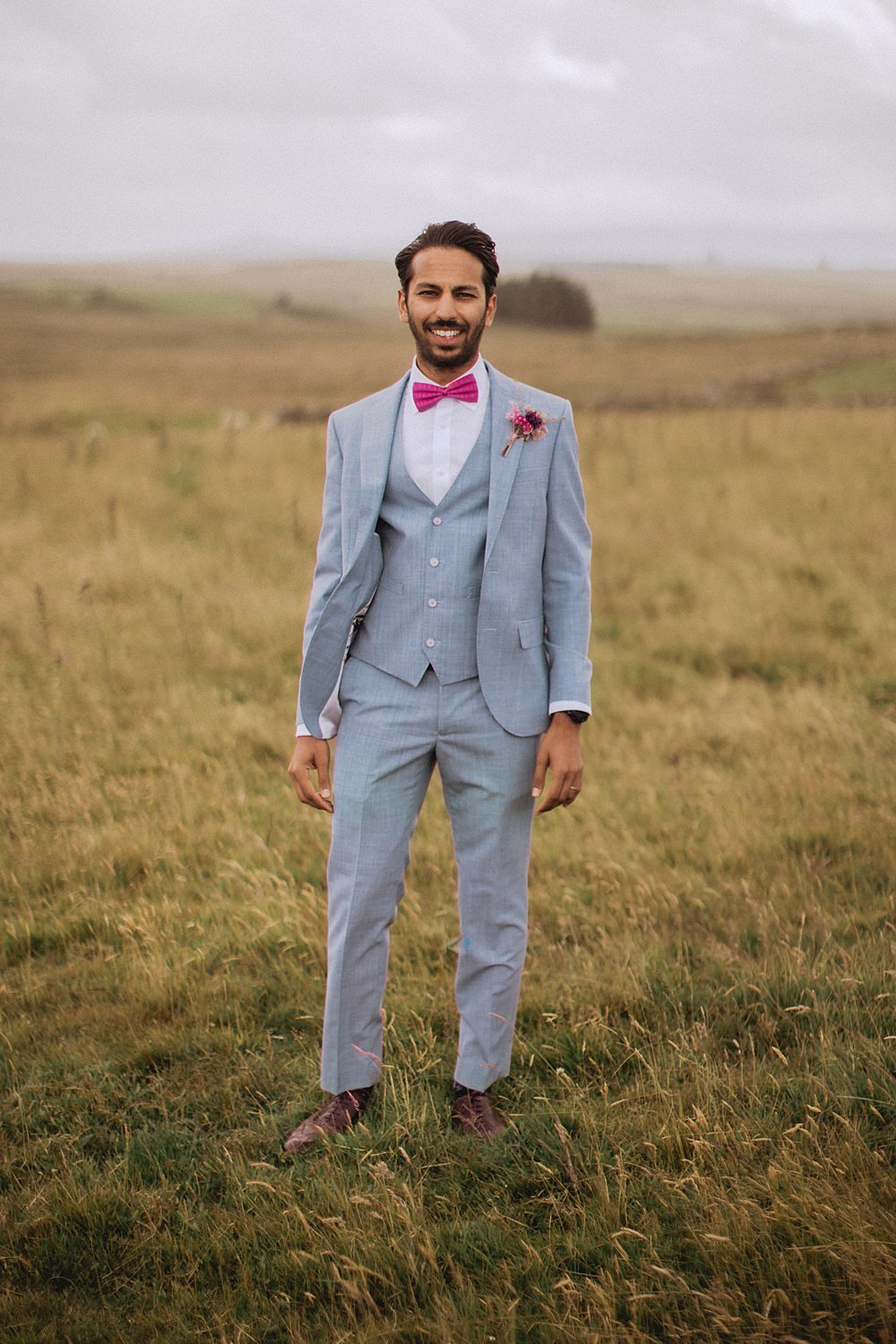 Groom Pale Grey Blue Suit Pink Bow Tie Pen Y Fron Wedding Fox and Bear Photography