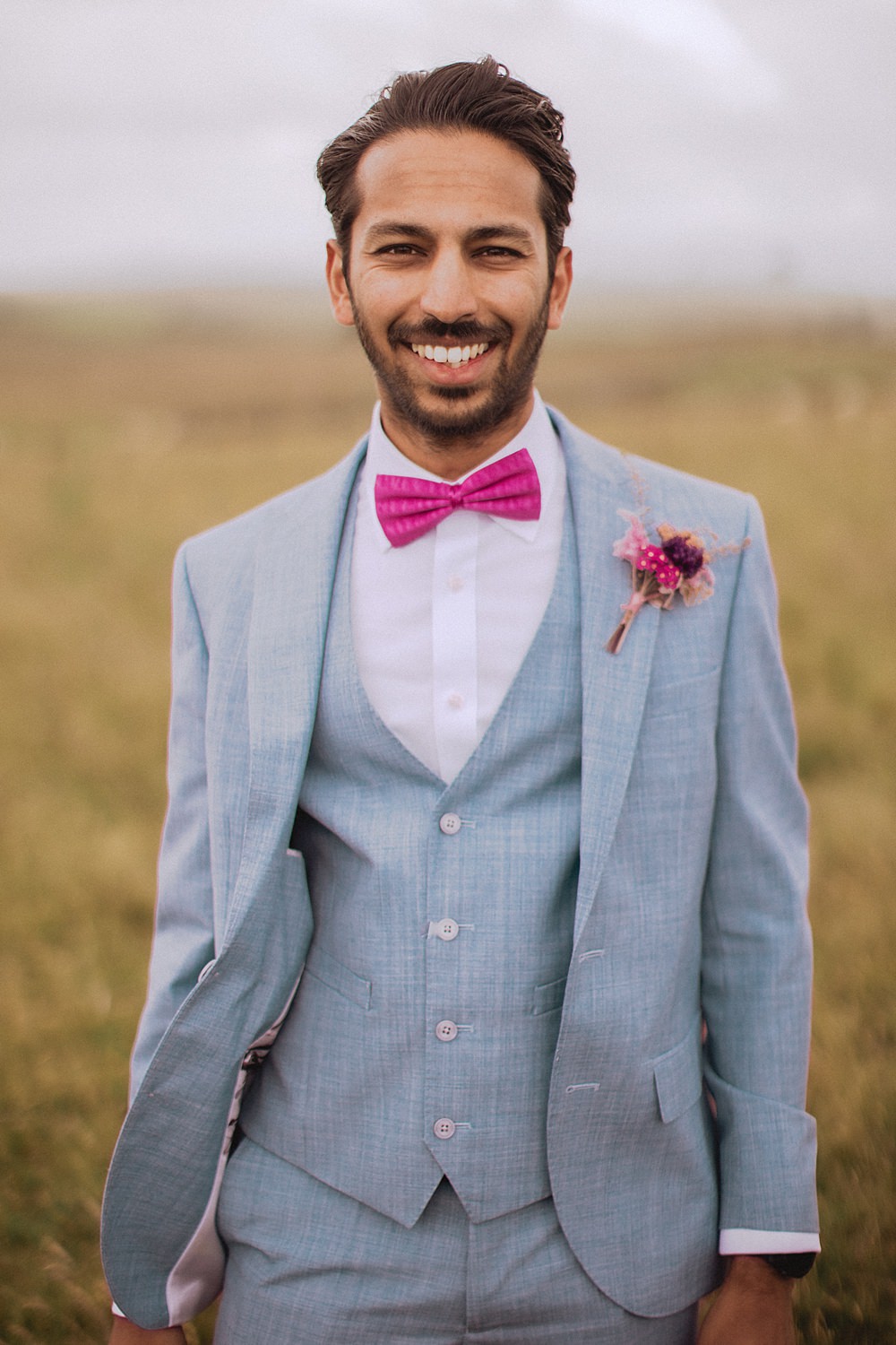 Groom Pale Grey Blue Suit Pink Bow Tie Pen Y Fron Wedding Fox and Bear Photography