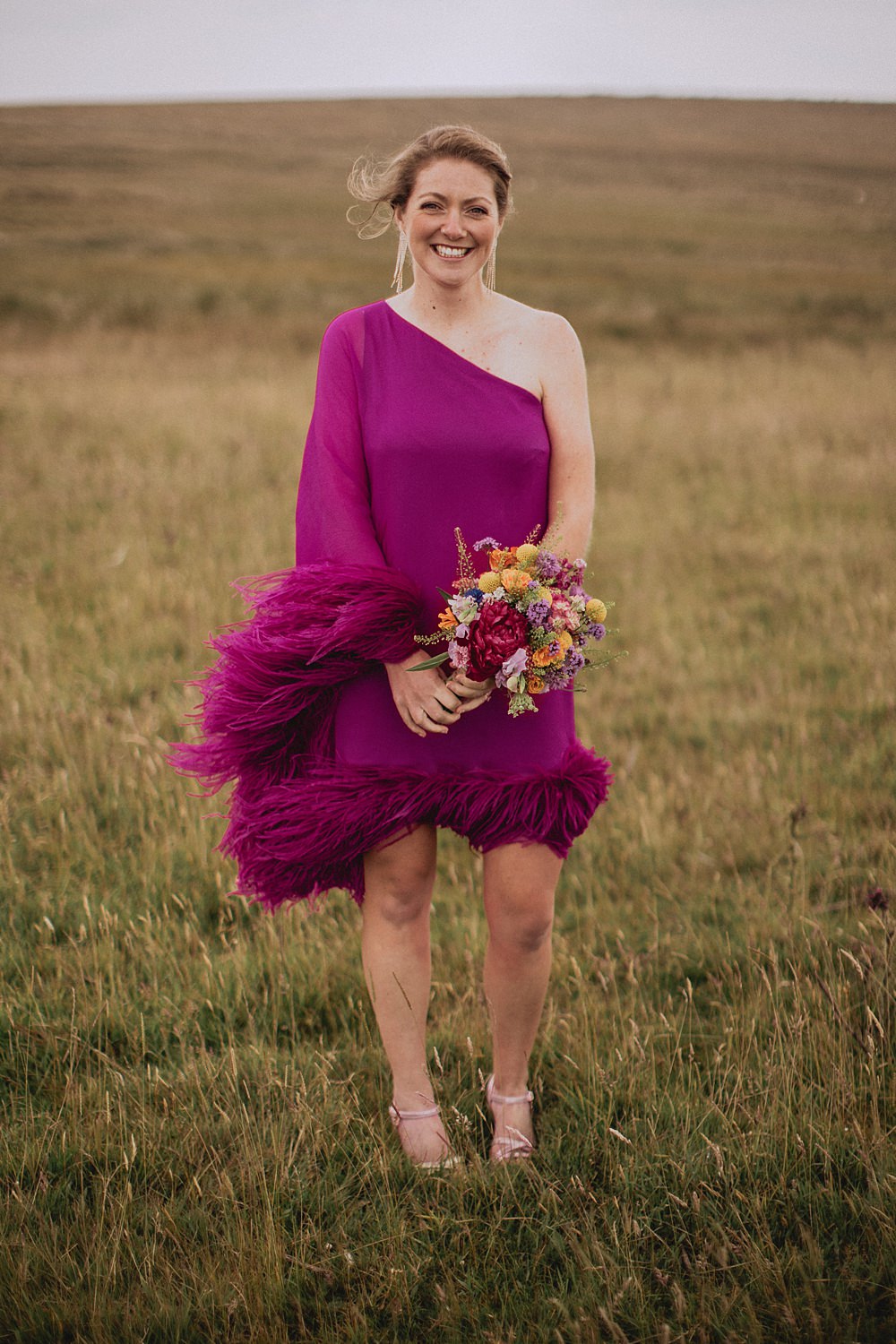 Bride Short Pink Feather Dress Pen Y Fron Wedding Fox and Bear Photography
