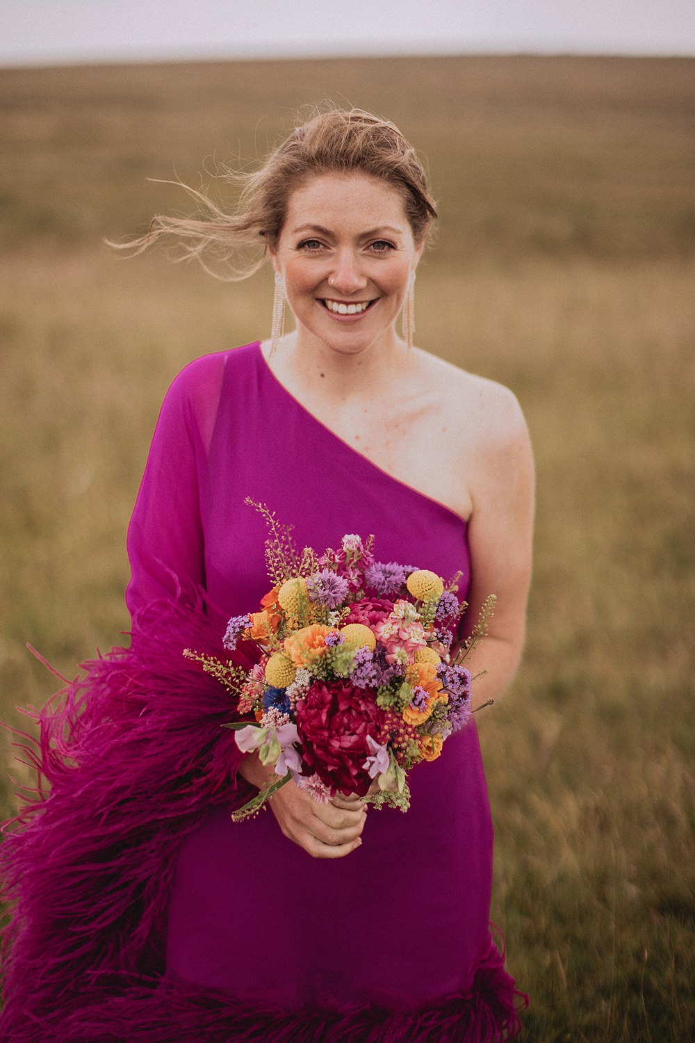 Bride Short Pink Feather Dress Colourful Summer Bouquet Pen Y Fron Wedding Fox and Bear Photography