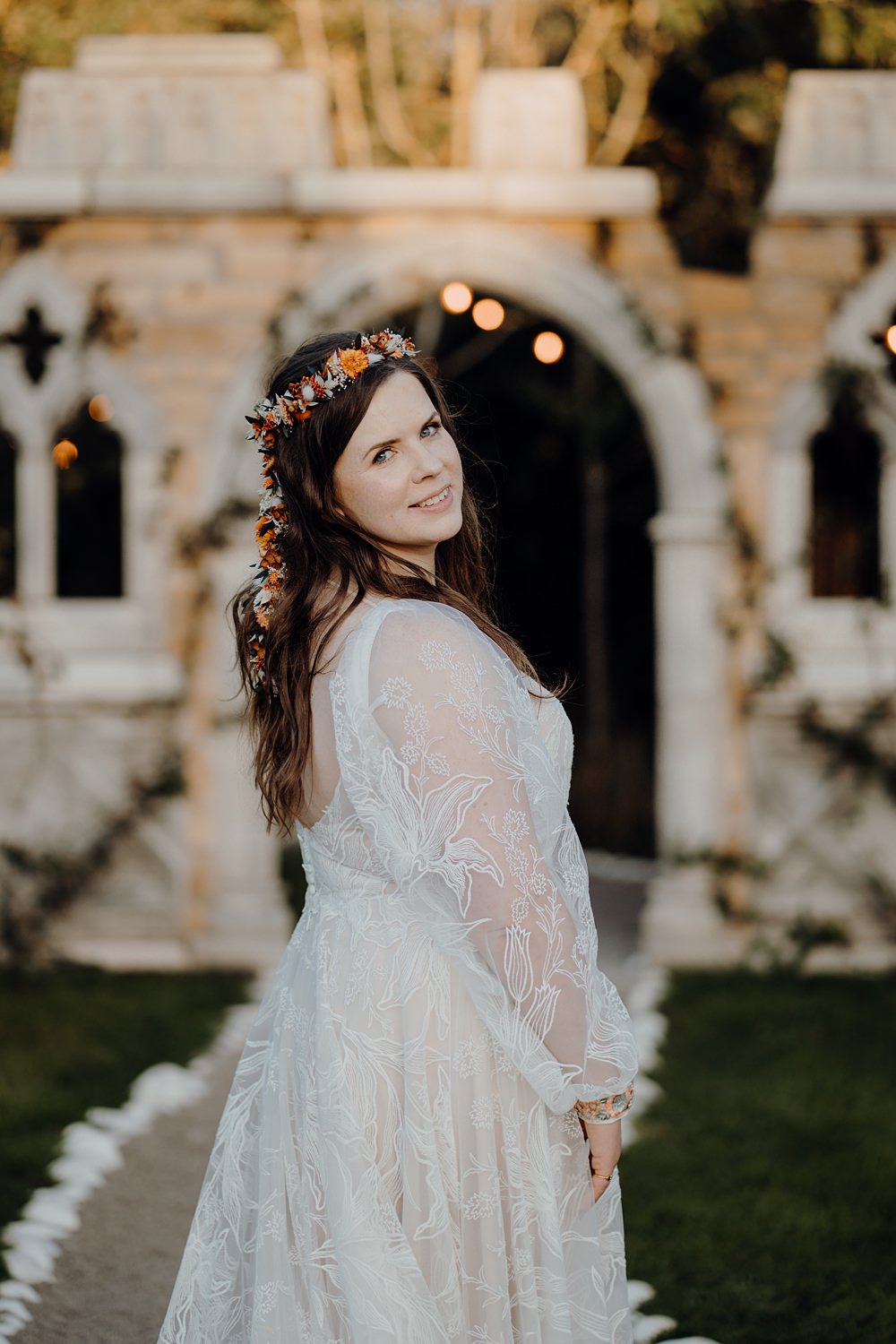Royle Forest Wedding Bligh and Guy Wedding Visuals Bride Lace Gown Long Sleeves Flower Crown