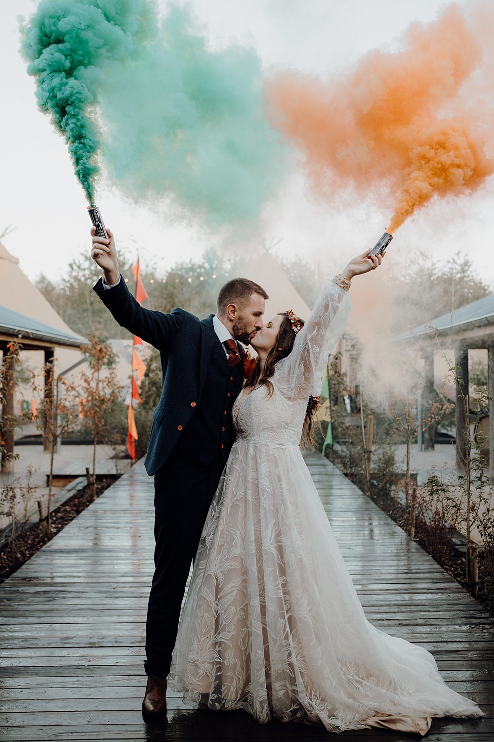 Royle Forest Wedding Bligh and Guy Wedding Visuals Smoke Flares Orange Green
