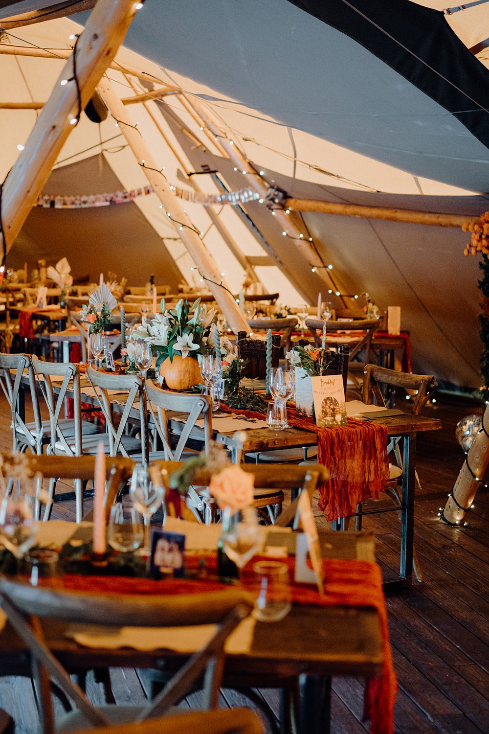 Royle Forest Wedding Bligh and Guy Wedding Visuals Tipi Decor Orange Table Runners