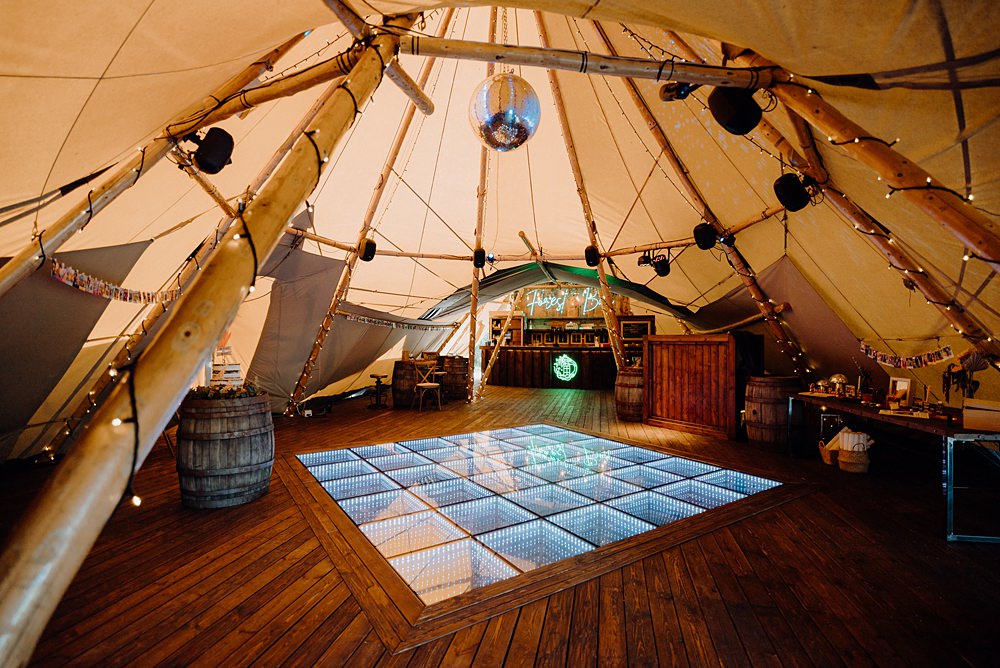 Royle Forest Wedding Bligh and Guy Wedding Visuals Light Up Dancefloor Tipi Disco Ball