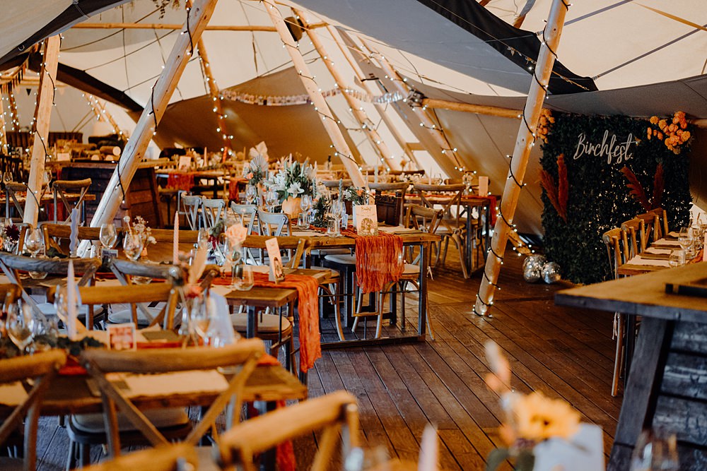 Royle Forest Wedding Bligh and Guy Wedding Visuals Tipi Decor Orange Table Runners