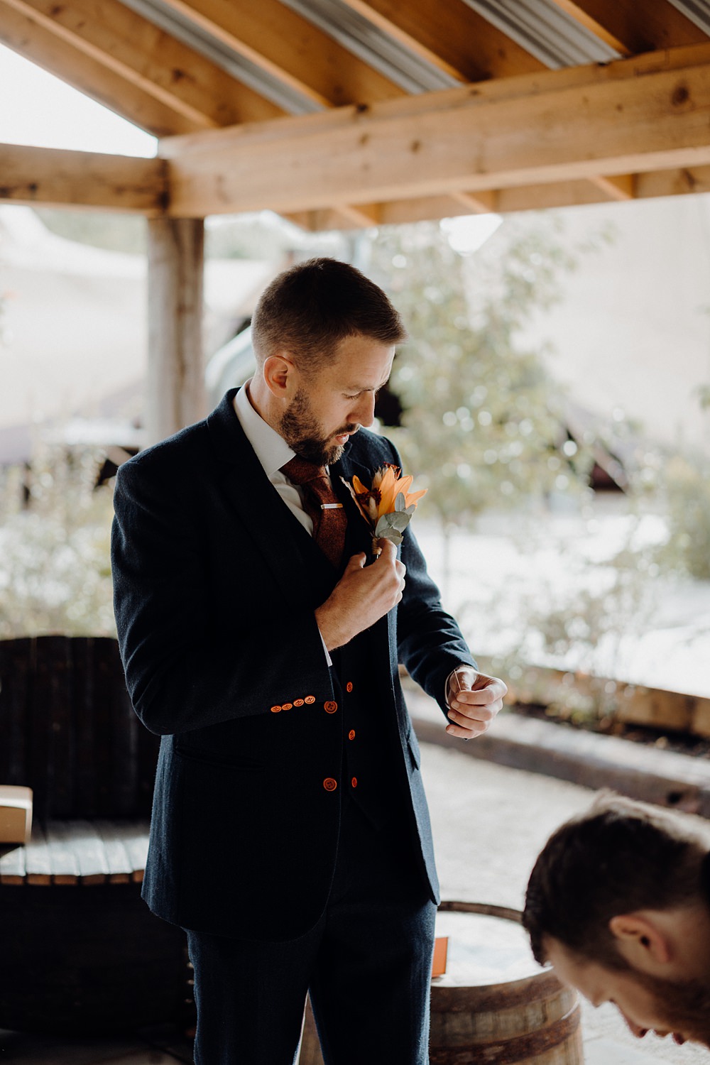 Royle Forest Wedding Bligh and Guy Wedding Visuals Blue Suit Orange Tie Groom