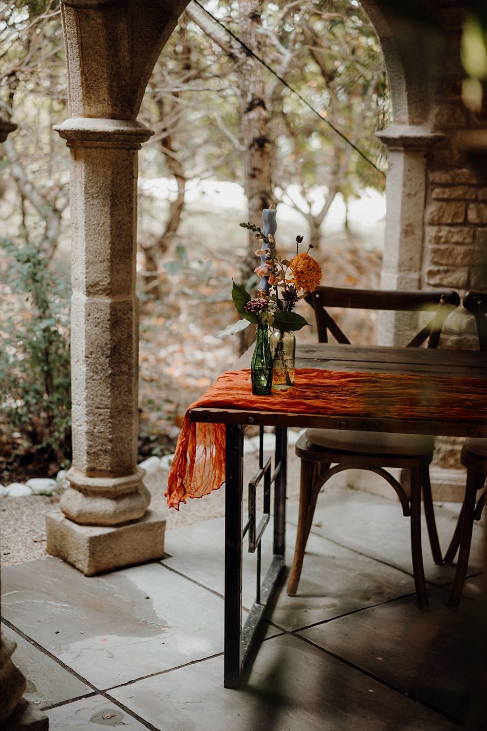 Royle Forest Wedding Bligh and Guy Wedding Visuals Ceremony Table Orange Runner Flowers