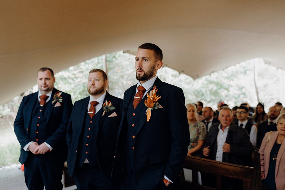 Royle Forest Wedding Bligh and Guy Wedding Visuals Blue Suit Orange Tie Groom