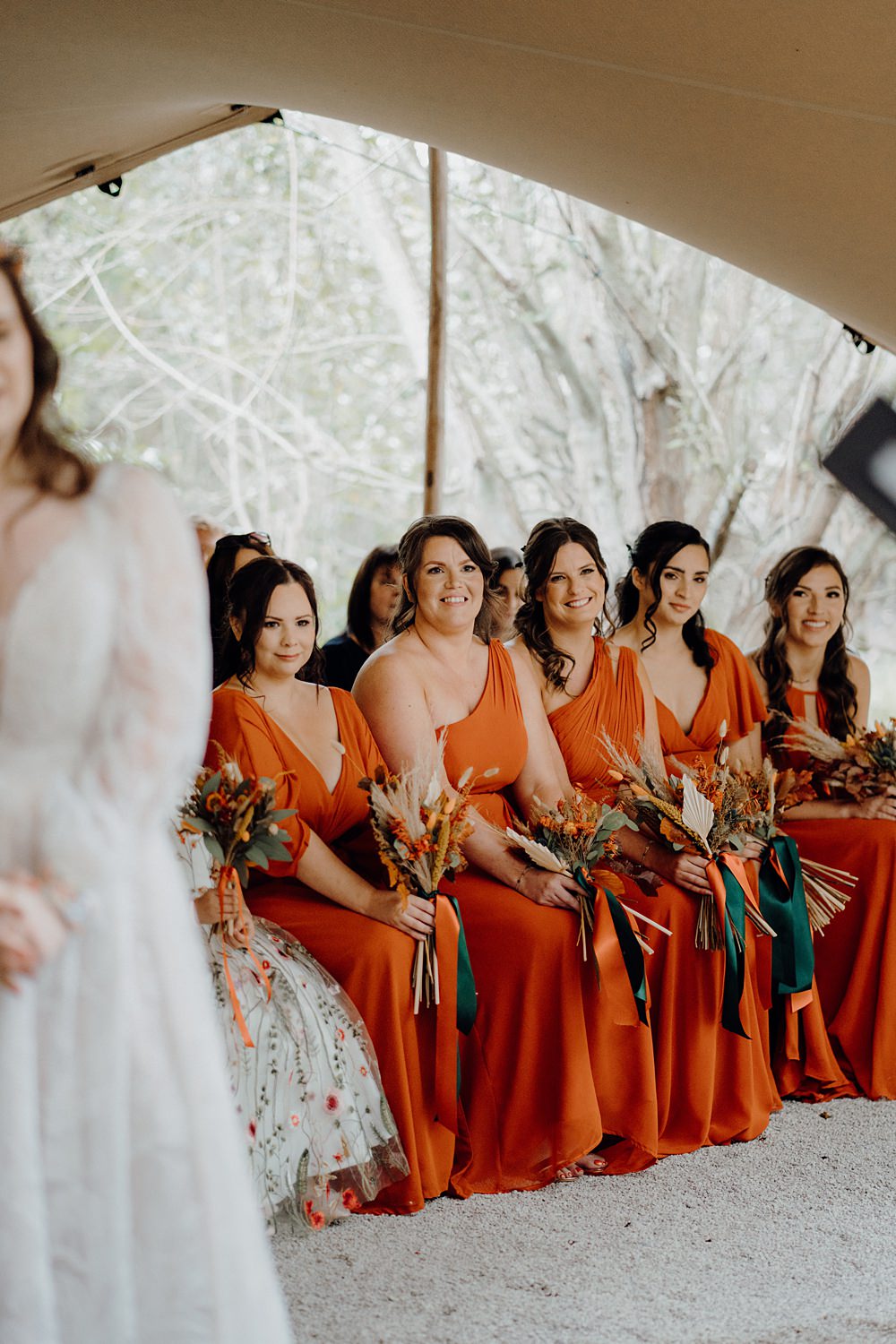 Royle Forest Wedding Bligh and Guy Wedding Visuals Orange Bridesmaid Dresses