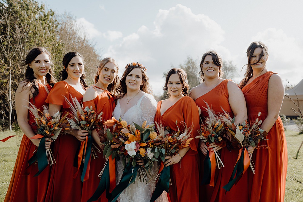 Royle Forest Wedding Bligh and Guy Wedding Visuals Orange Bridesmaid Dresses
