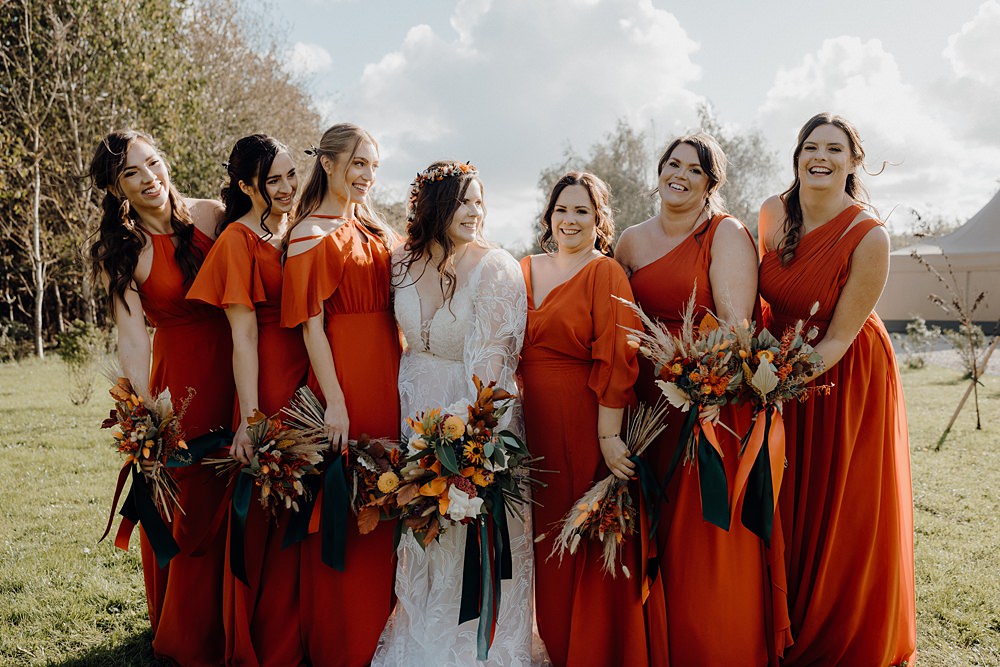 Royle Forest Wedding Bligh and Guy Wedding Visuals Orange Bridesmaid Dresses