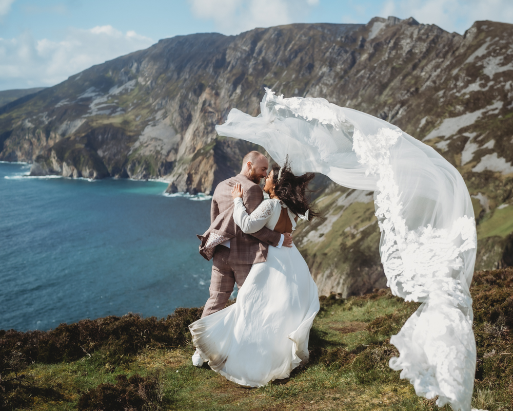 Sliabh Liag Donegal Elopement Wild and Green Photography Bride Veil