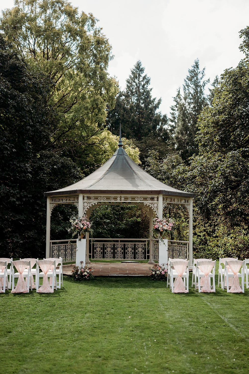 Summer Blush Wedding NK Photography Ceremony Gazebo Pink White Flowers Outdoor
