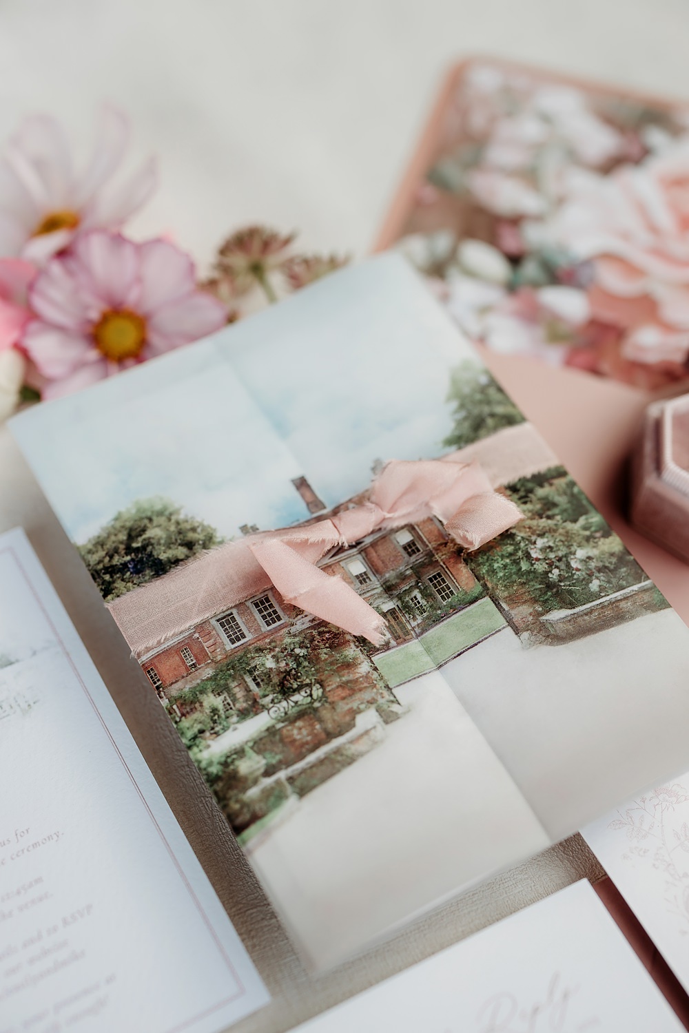 Summer Blush Wedding NK Photography Painted Illustrated Pocket Fold Invitation Ribbon