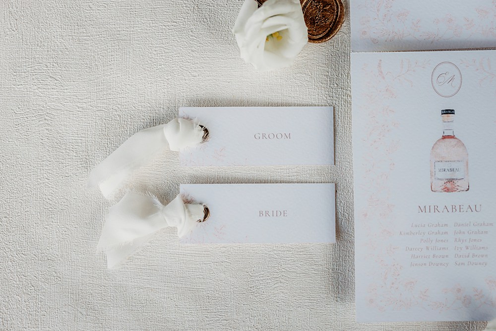 Summer Blush Wedding NK Photography Place Name Card Ribbon White