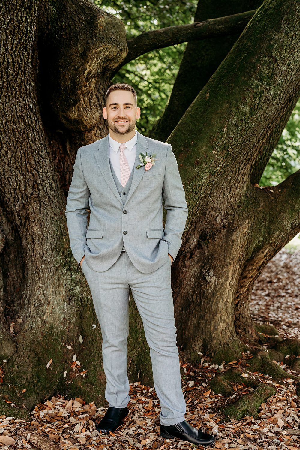 Summer Blush Wedding NK Photography Grey Suit Pink Tie Groom