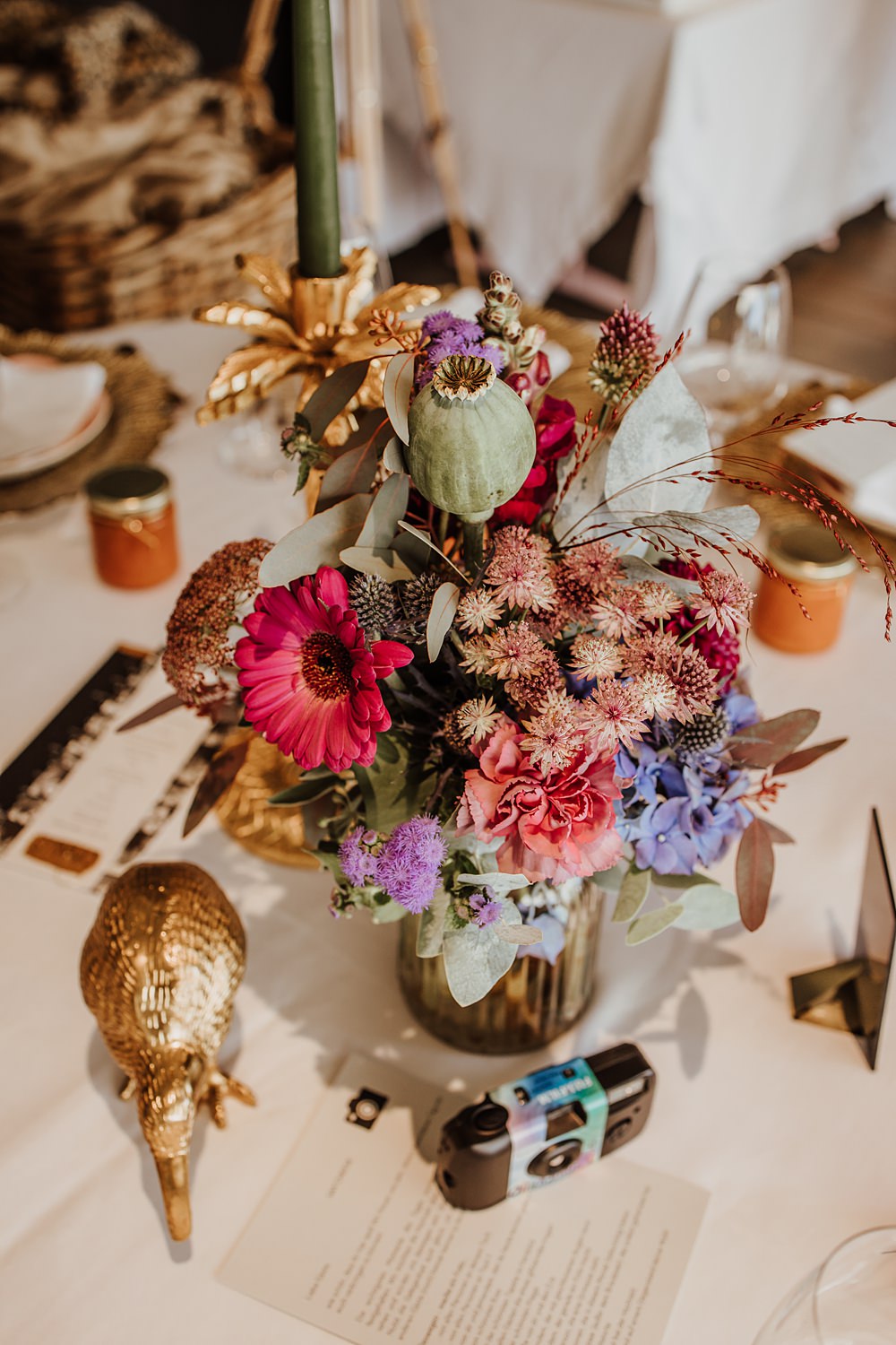 Fernblick Wedding Sandy Alonso Photography Centrepiece Flowers Instant Camera Pink Blue