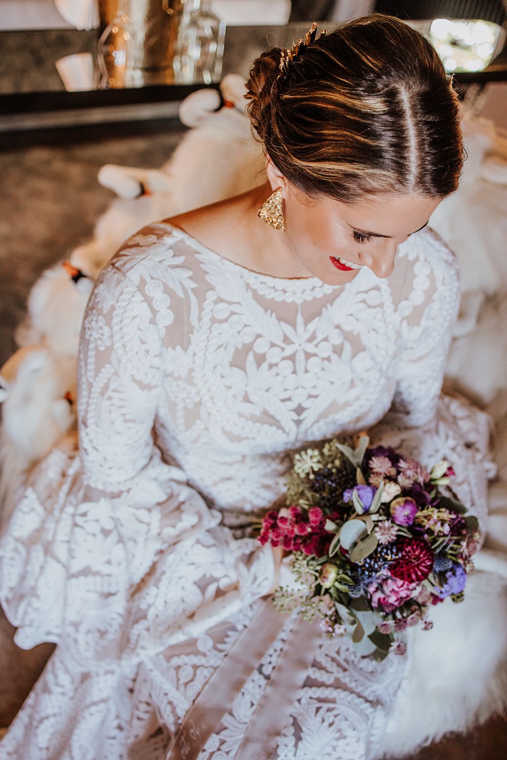 Fernblick Wedding Sandy Alonso Photography Bride Bouquet Pink Purple Red Flowers