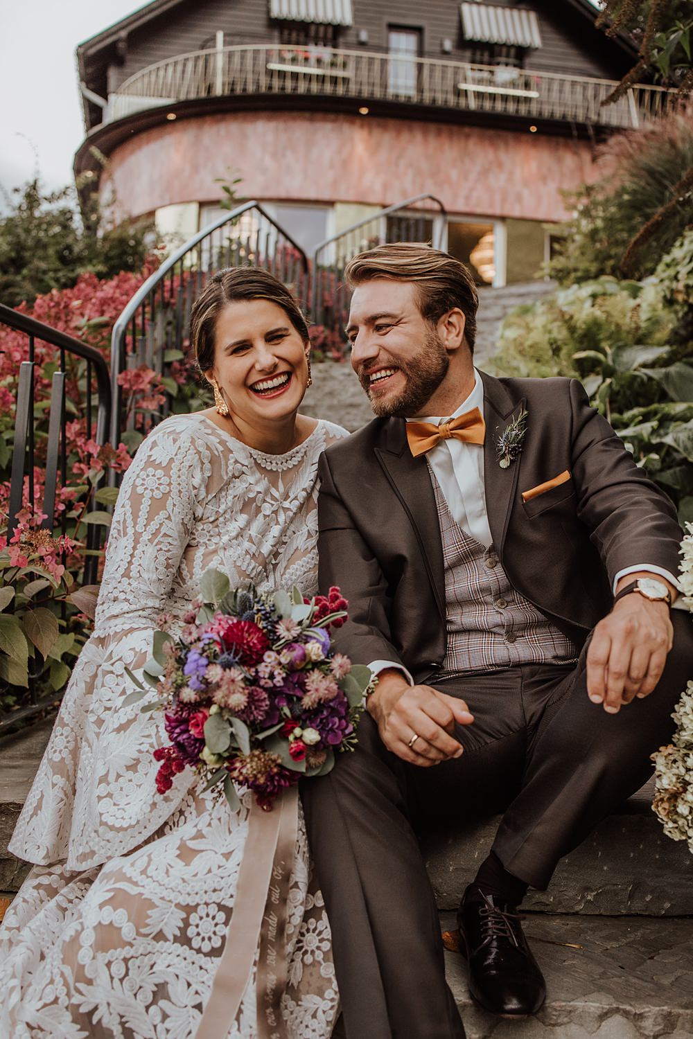 Fernblick Wedding Sandy Alonso Photography Groom Suit Mustard Yellow Bow Tie