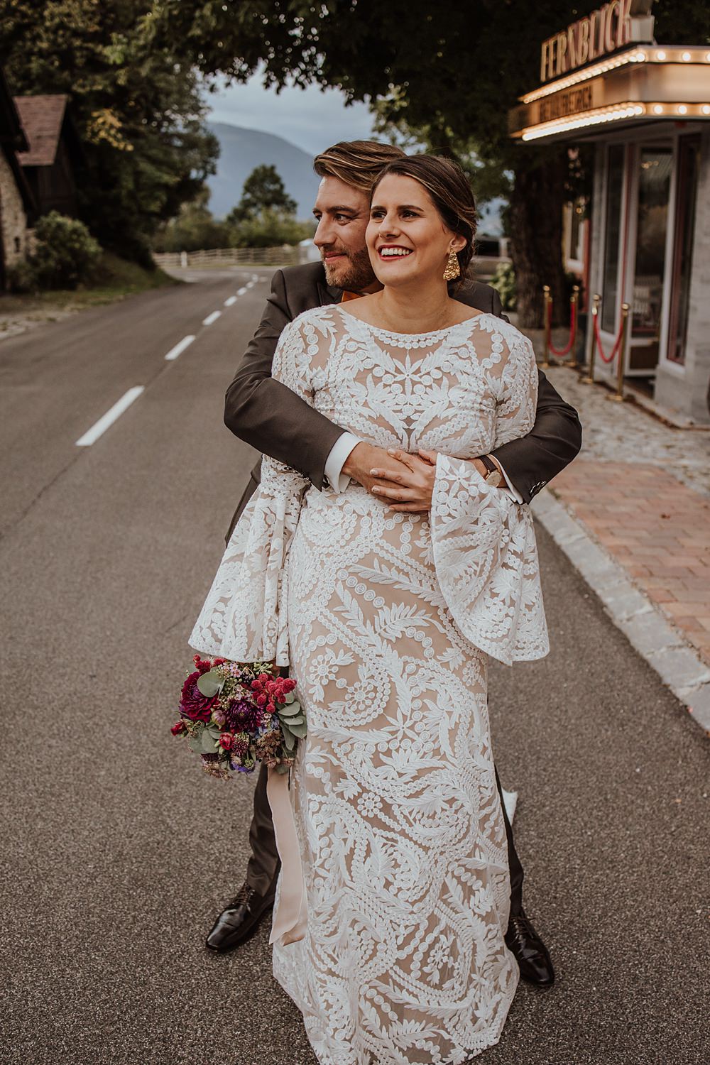 Fernblick Wedding Sandy Alonso Photography Boho Lace Gown Long Sleeves Bride
