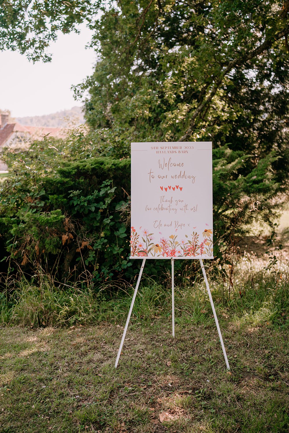 Haylands Barn Wedding Phoebe Rossi Photography Floral Welcome Sign