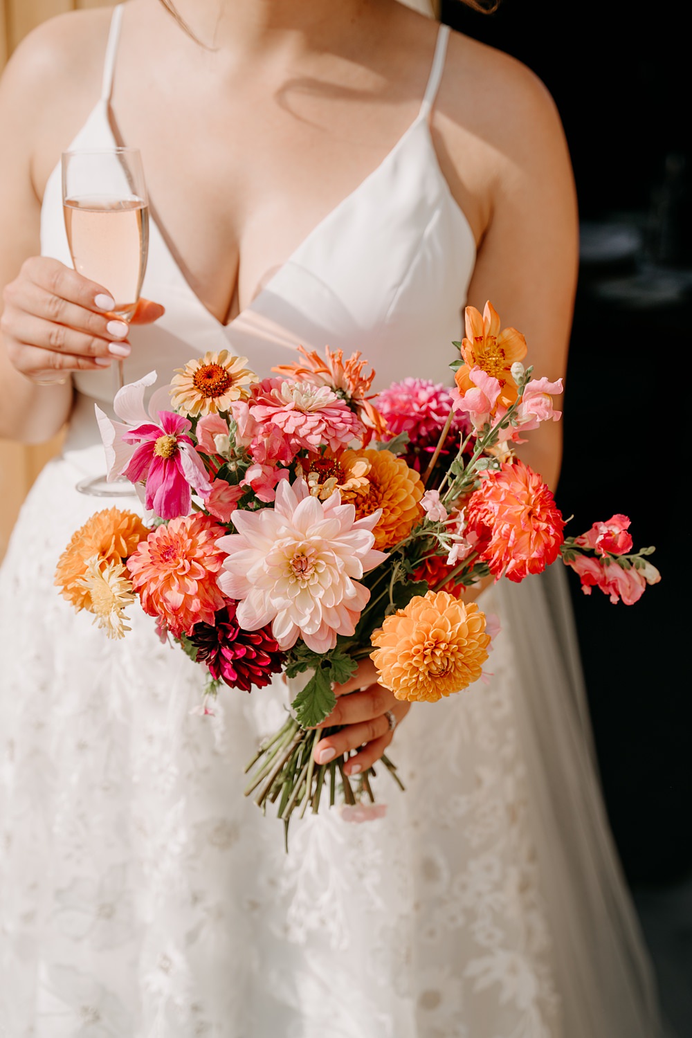 Haylands Barn Wedding Phoebe Rossi Photography Bridal Bouquet Flowers Orange Pink Dahlia