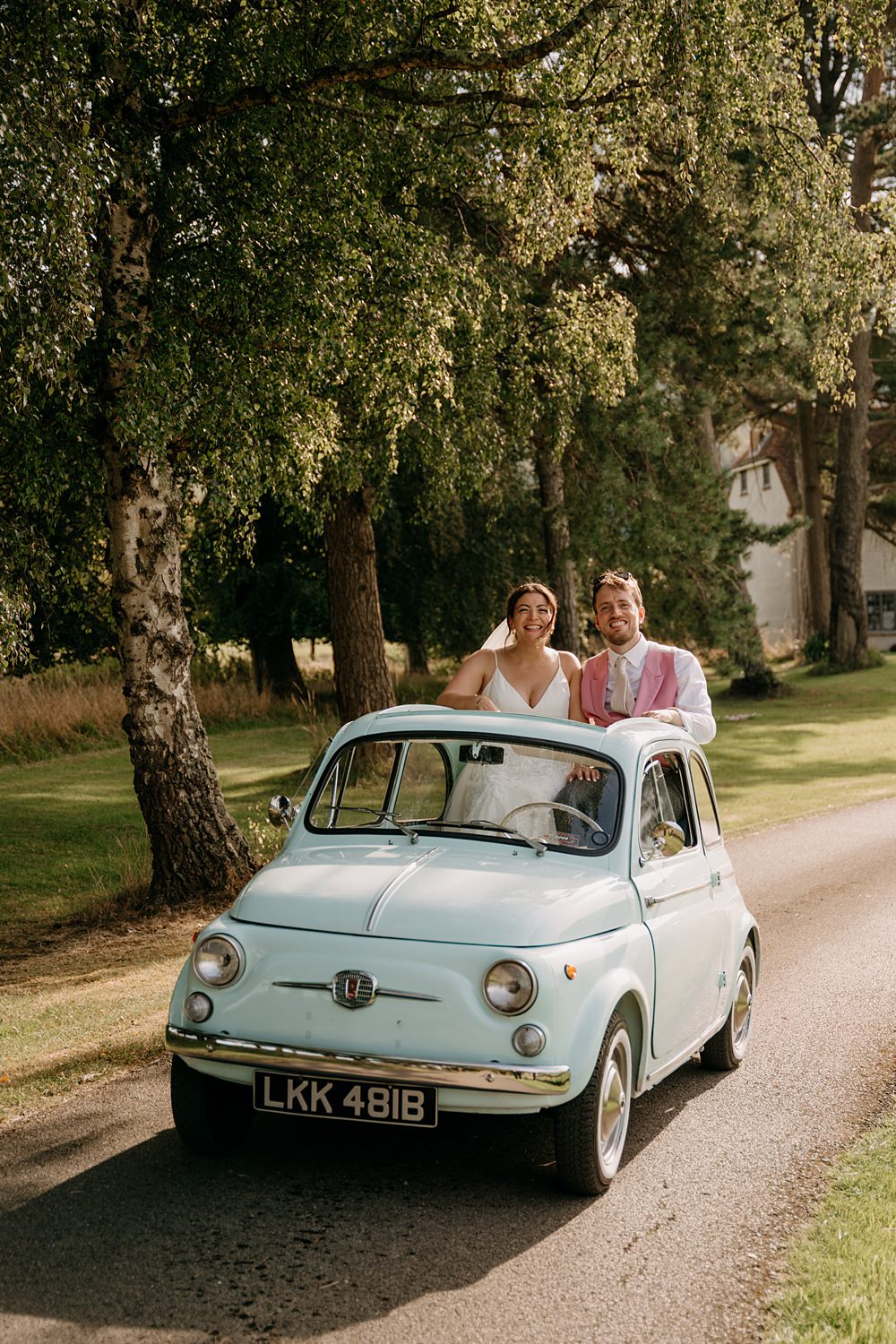Haylands Barn Wedding Phoebe Rossi Photography Blue Fiat 500 Car
