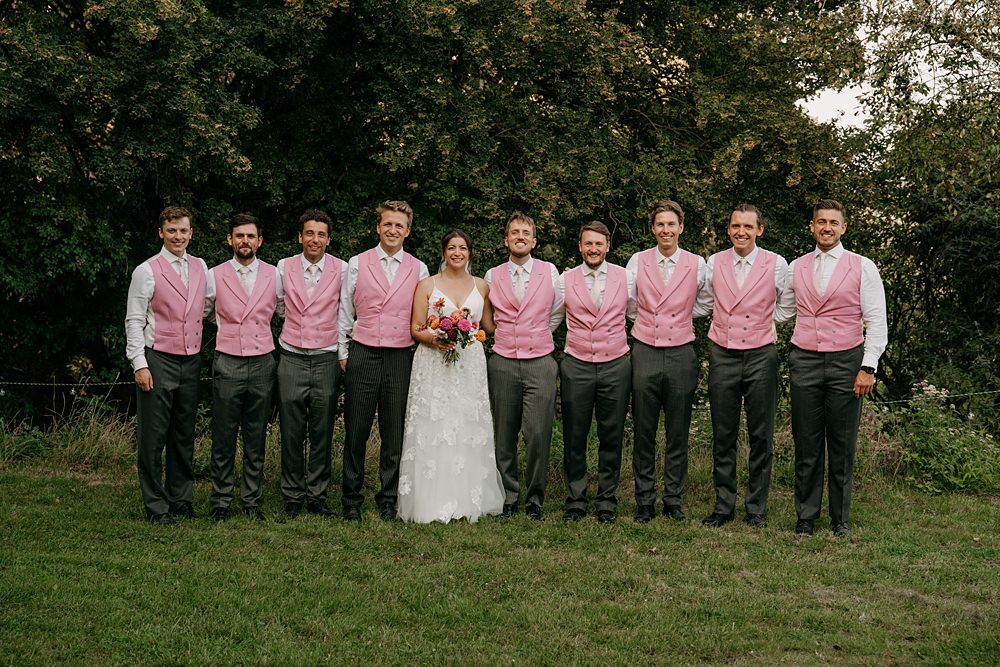Haylands Barn Wedding Phoebe Rossi Photography Groom Suit Pink Tie Waistcoat Groomsmen