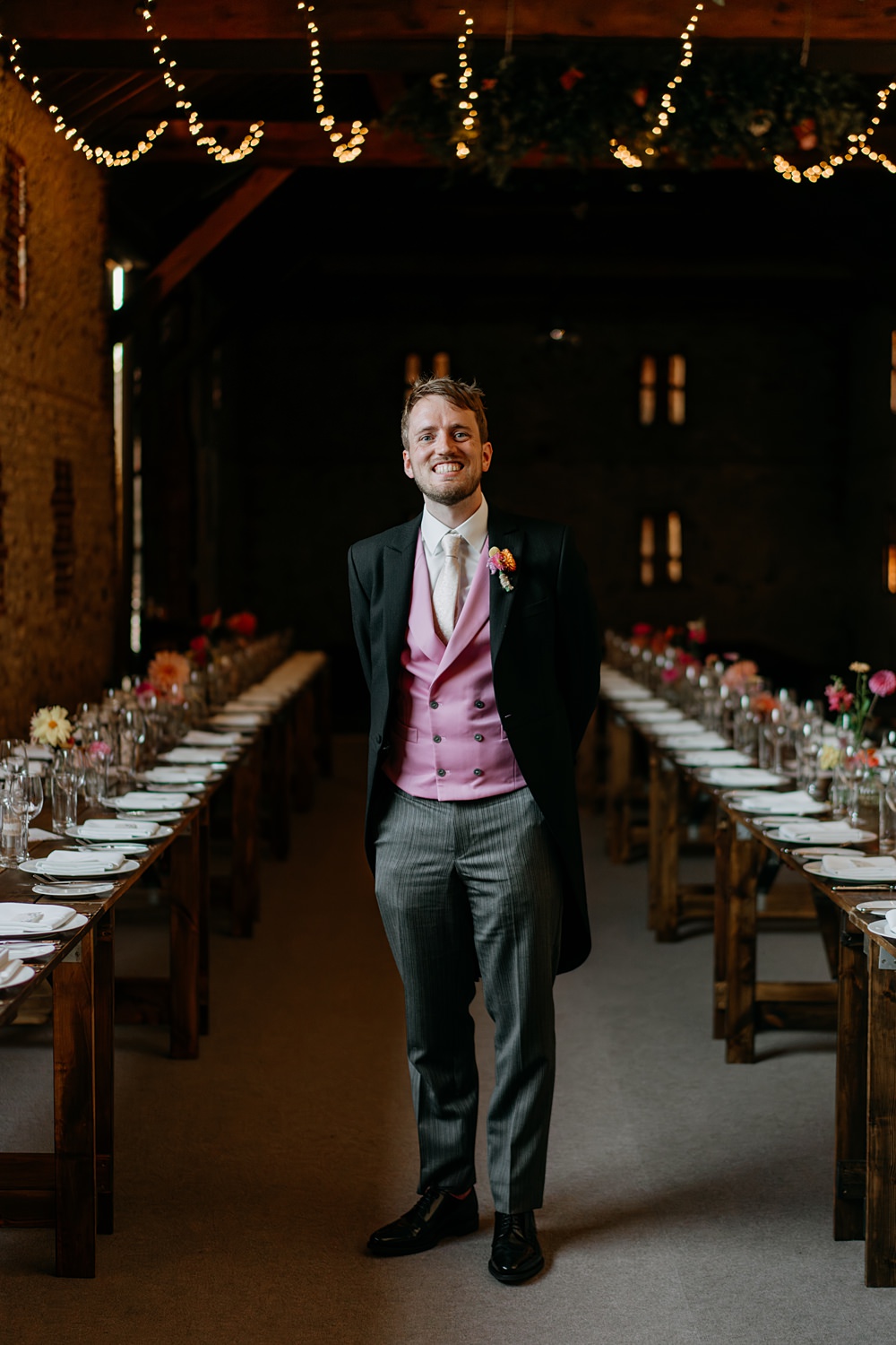 Haylands Barn Wedding Phoebe Rossi Photography Groom Suit Pink Tie Waistcoat