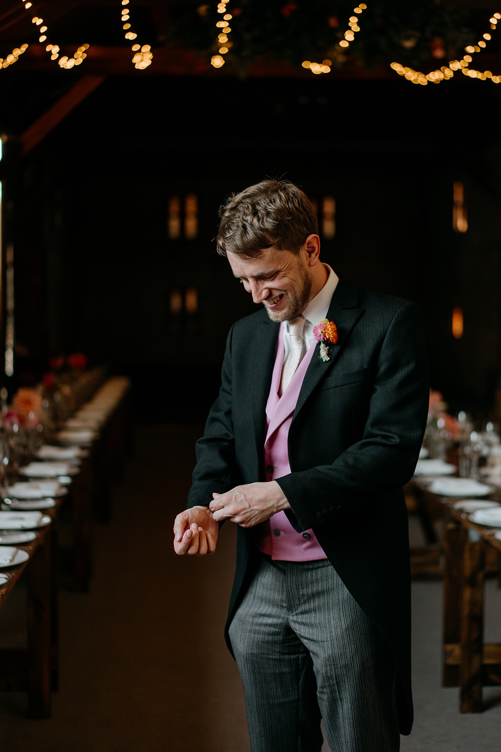 Haylands Barn Wedding Phoebe Rossi Photography Groom Suit Pink Tie Waistcoat