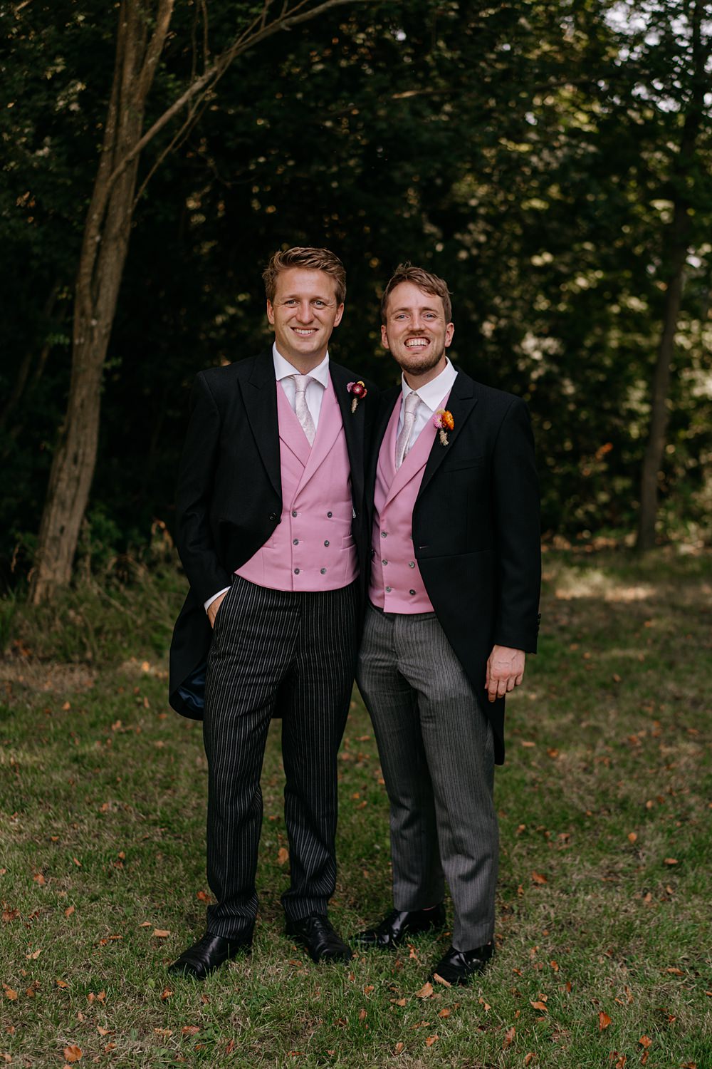 Haylands Barn Wedding Phoebe Rossi Photography Groom Groomsmen Suit Pink Tie Waistcoat