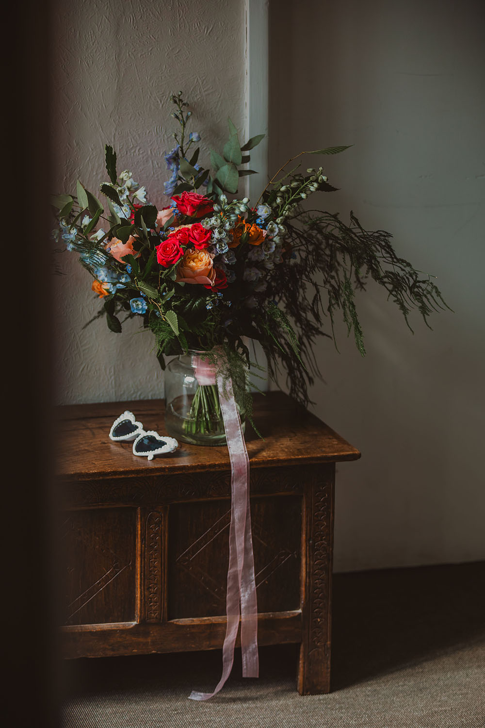 Hitchin Barn Wedding The Wardette Studio Bride Bouquet Colourful Ribbon Red Orange Blue