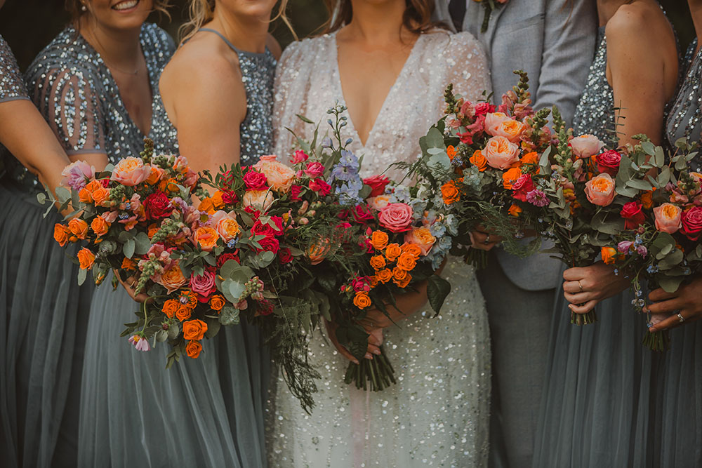 Hitchin Barn Wedding The Wardette Studio Bride Bouquet Colourful Ribbon Red Orange Blue Bridesmaid