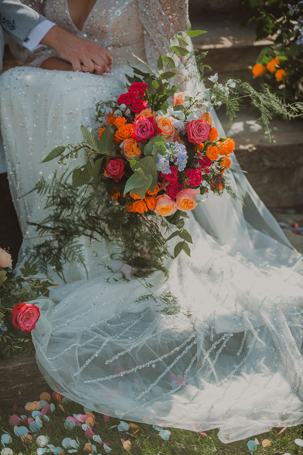 Hitchin Barn Wedding The Wardette Studio Bride Bouquet Colourful Ribbon Red Orange Blue