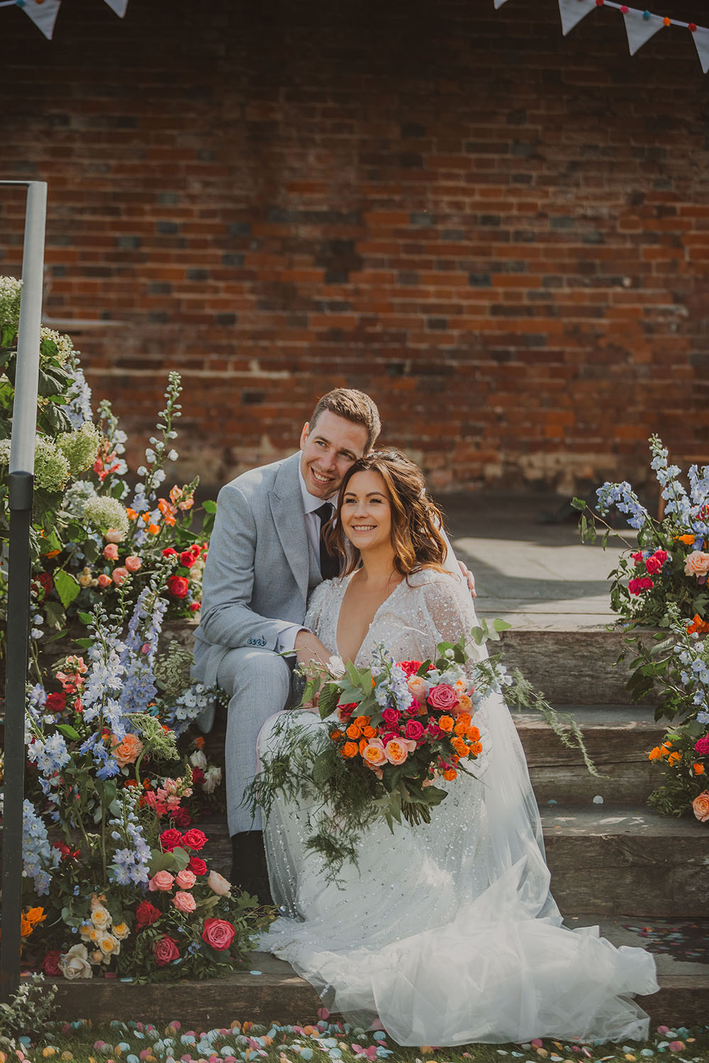 Hitchin Barn Wedding The Wardette Studio Meadow Flowers Ceremony Steps Colourful
