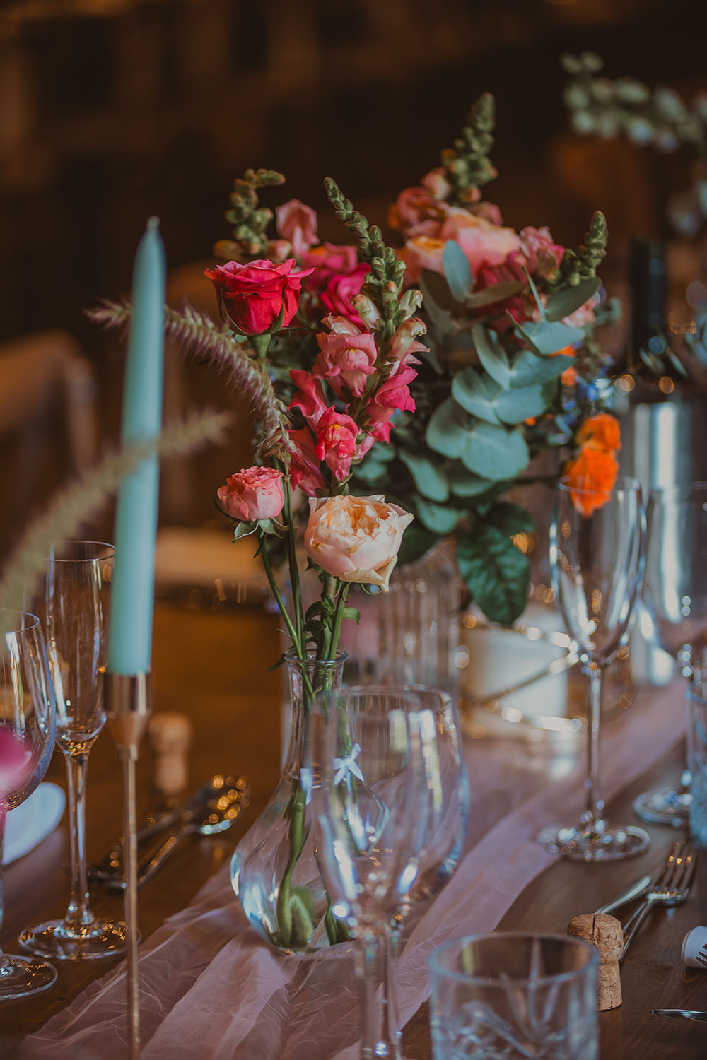 Hitchin Barn Wedding The Wardette Studio Table Decor Pink Blue Flowers Candles Runner
