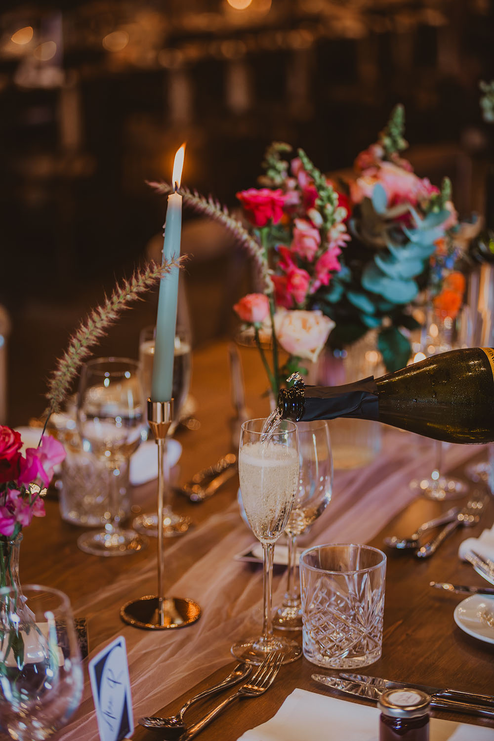 Hitchin Barn Wedding The Wardette Studio Table Decor Pink Blue Flowers Candles Runner