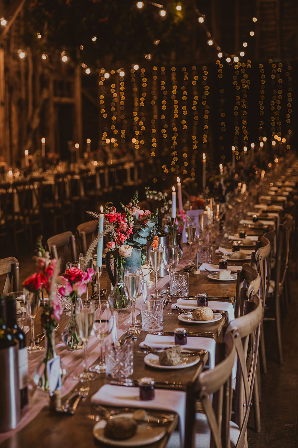 Hitchin Barn Wedding The Wardette Studio Table Decor Pink Blue Flowers Candles Runner