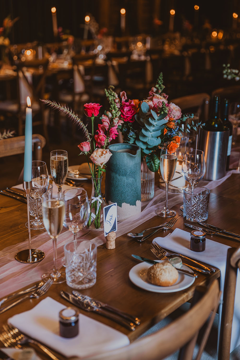 Hitchin Barn Wedding The Wardette Studio Table Decor Pink Blue Flowers Candles Runner