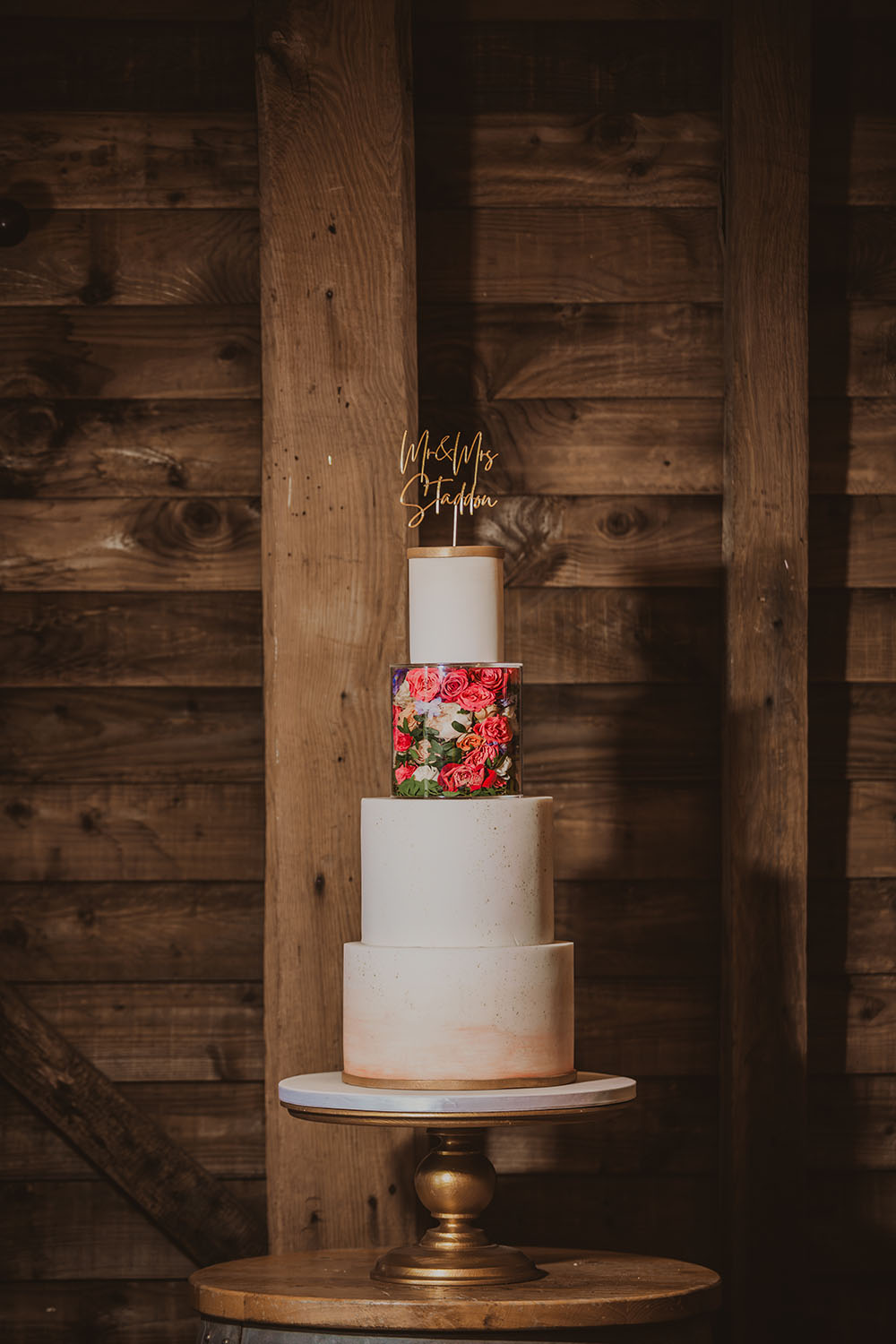 Hitchin Barn Wedding The Wardette Studio 4 Tier Cake Acrylic Tier Flowers