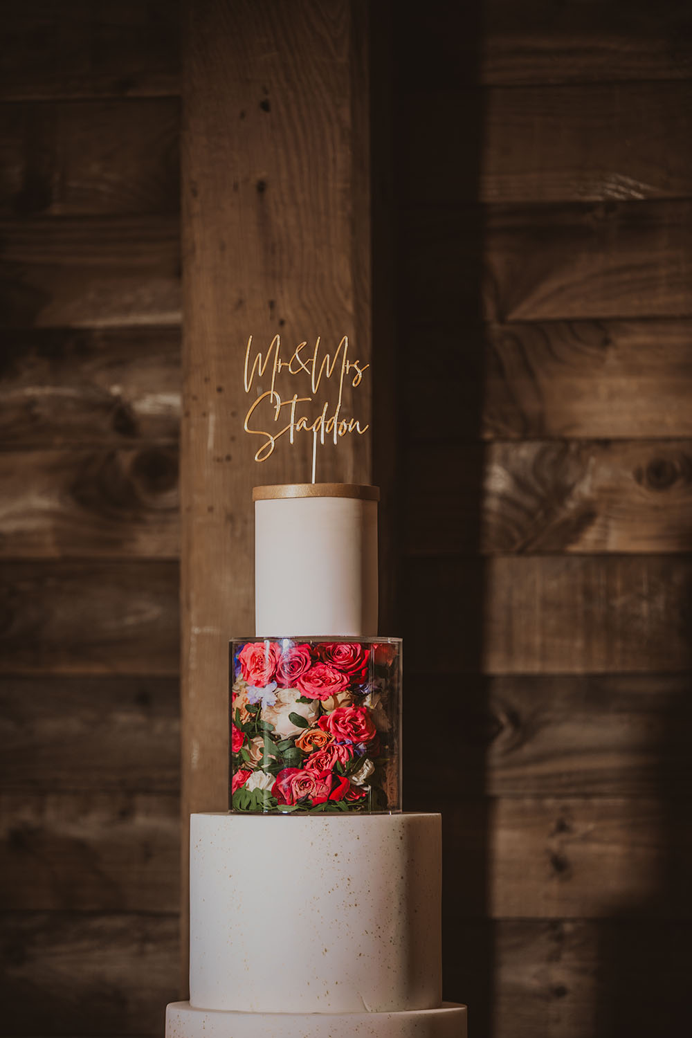 Hitchin Barn Wedding The Wardette Studio 4 Tier Cake Acrylic Tier Flowers