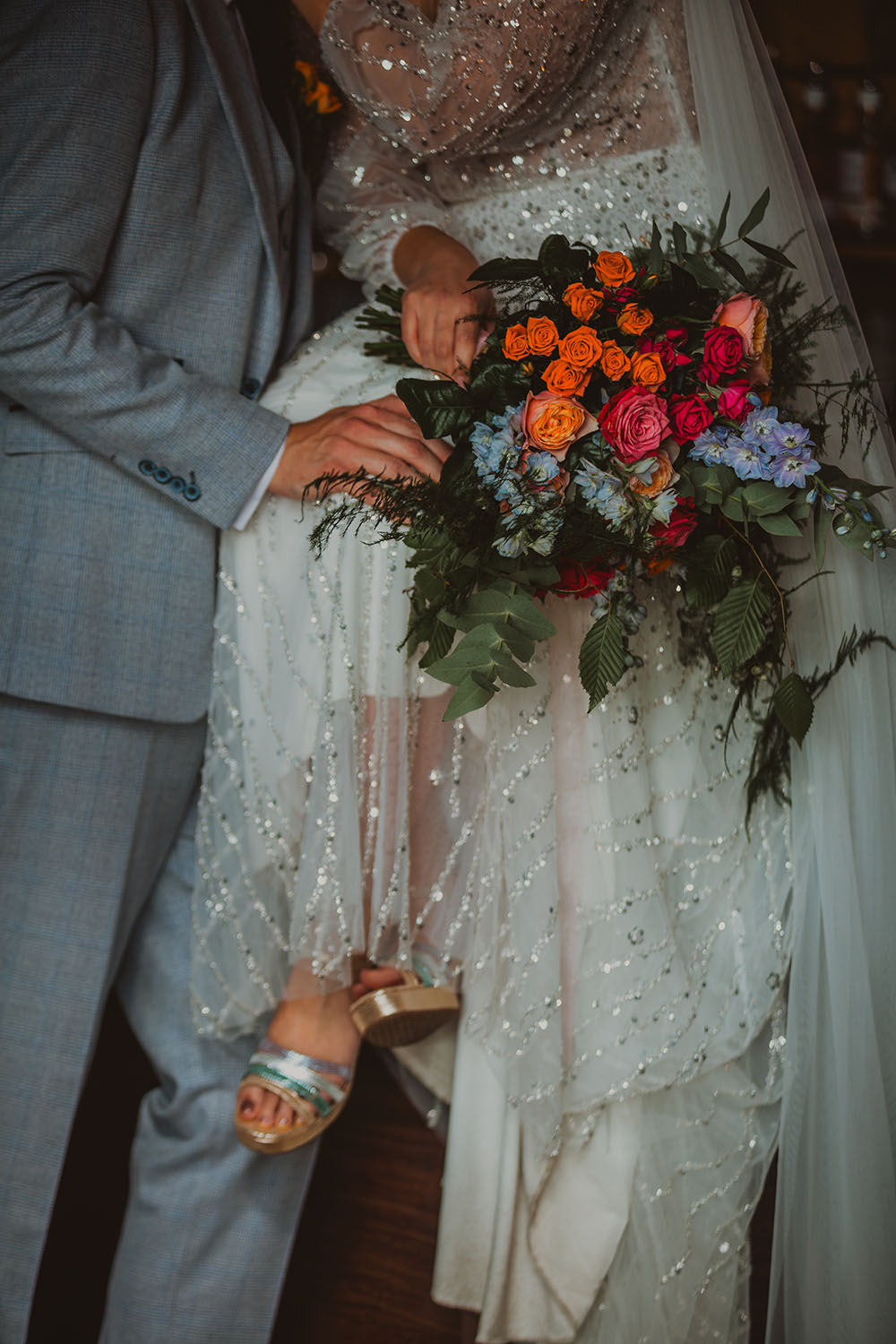 Hitchin Barn Wedding The Wardette Studio Bride Bouquet Colourful Ribbon Red Orange Blue Shoes