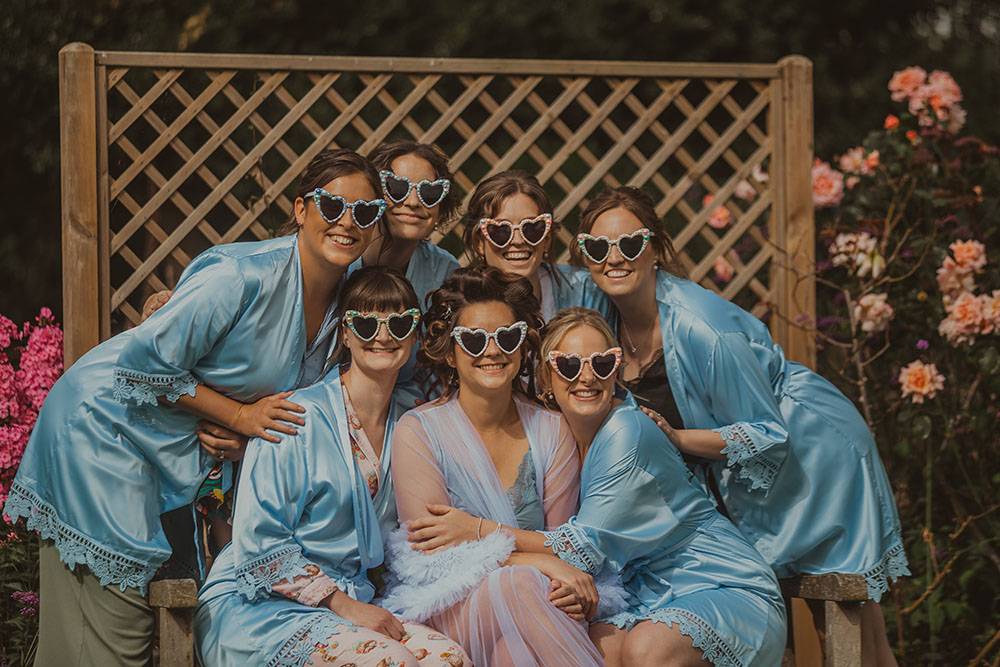 Hitchin Barn Wedding The Wardette Studio Bride Heart Sunglasses Bridal Robe Bridesmaids