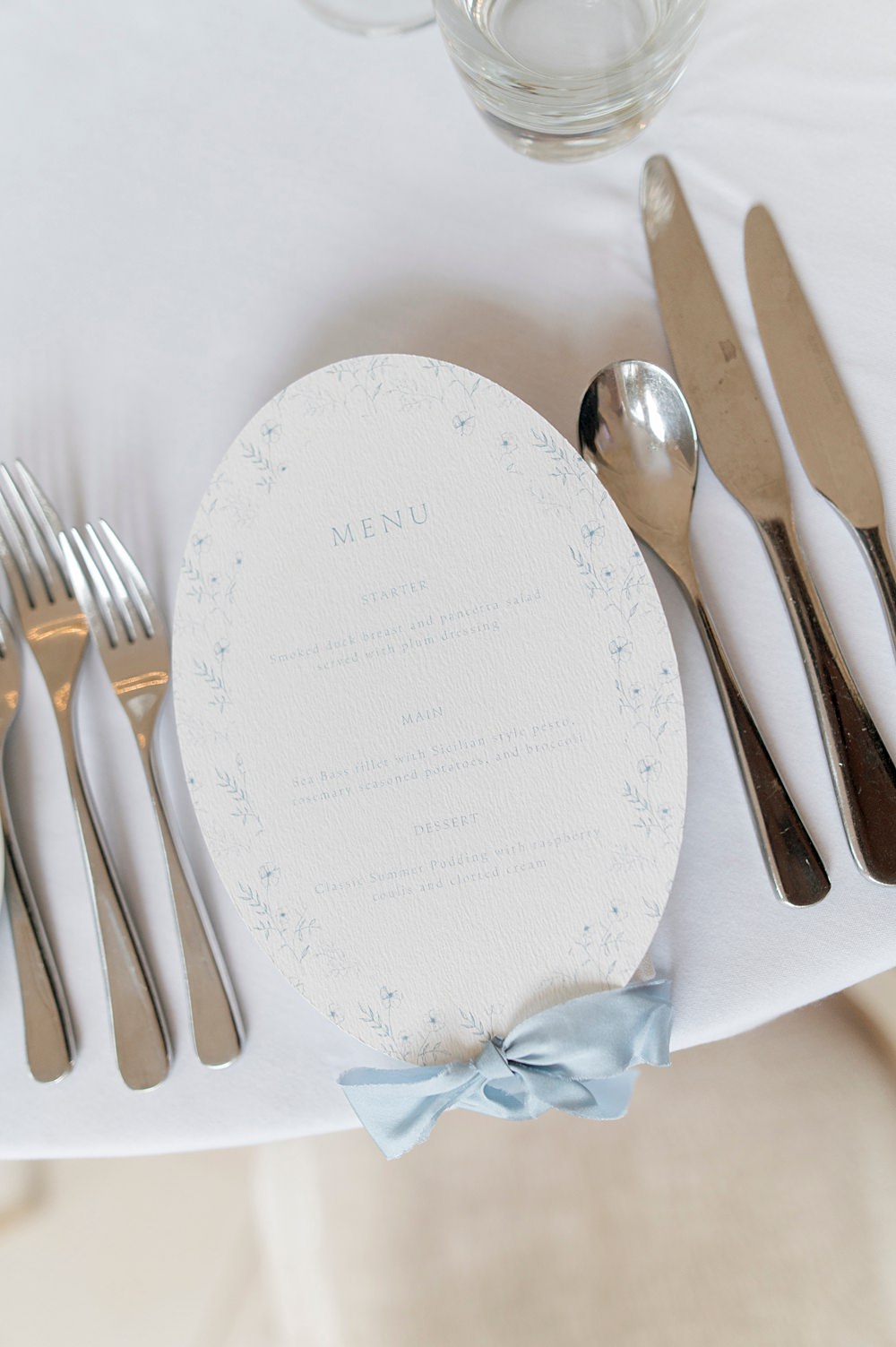 Peach Fuzz Sage Green Wedding Ideas Oval Menu Card Floral Blue Ribbon Place Setting Charlotte Sams