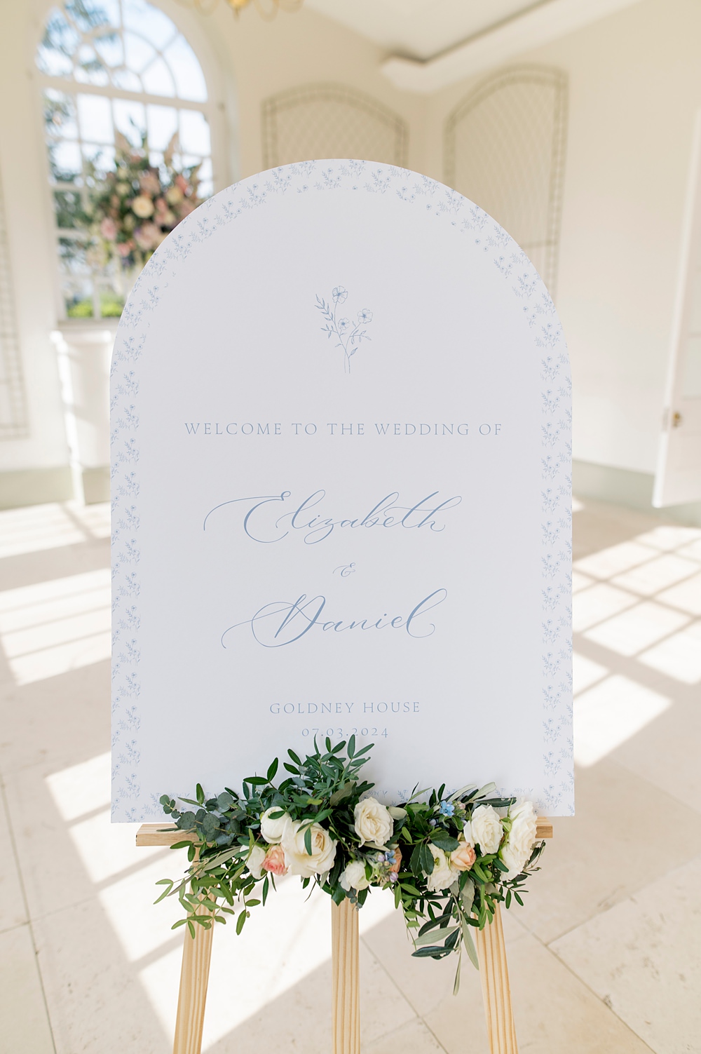 Peach Fuzz Sage Green Wedding Ideas Curved Sign Welcome Blue Font Flowers Charlotte Sams