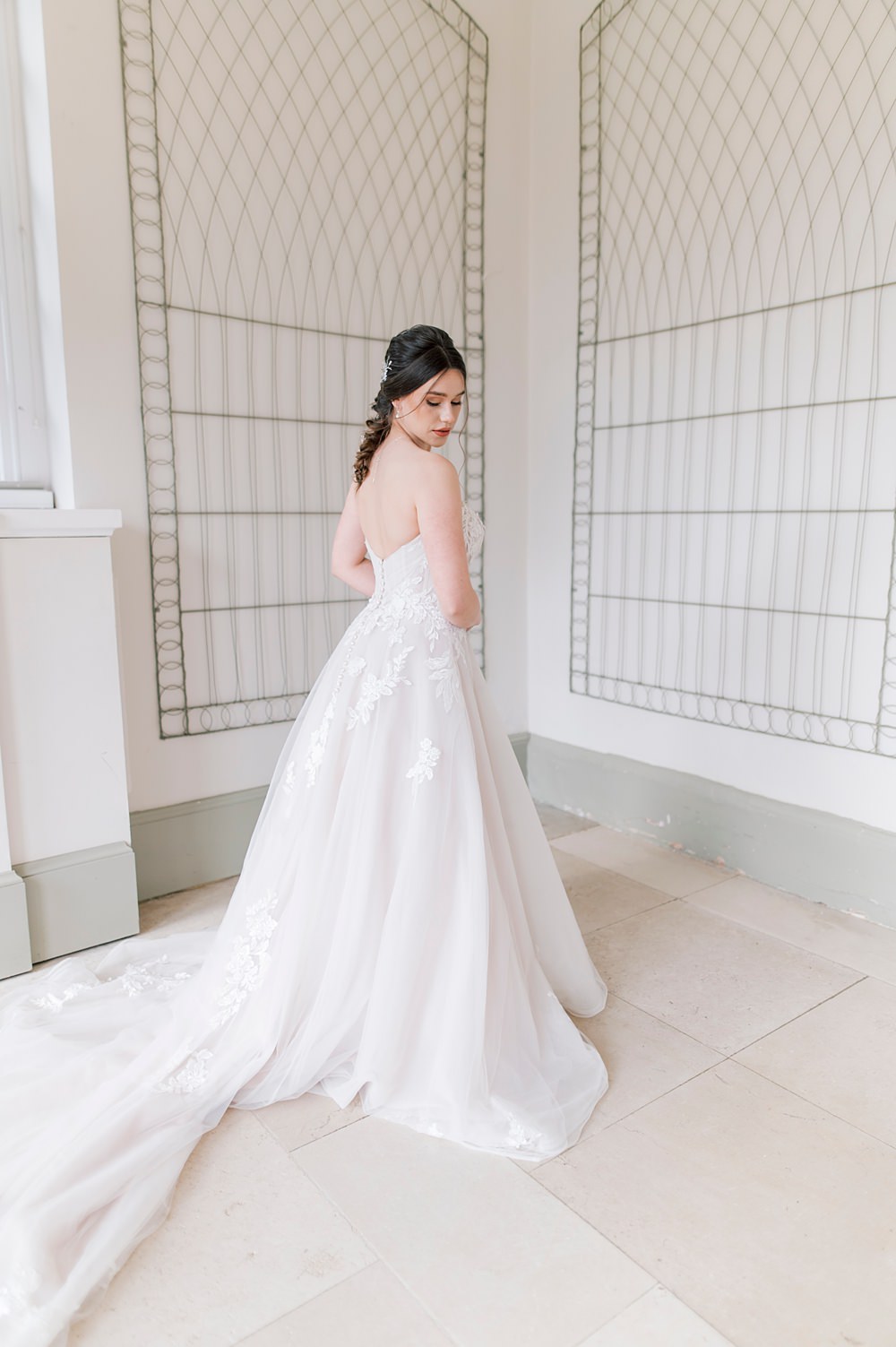 Peach Fuzz Sage Green Wedding Ideas Strapless Gown Bride Train Tulle Charlotte Sams