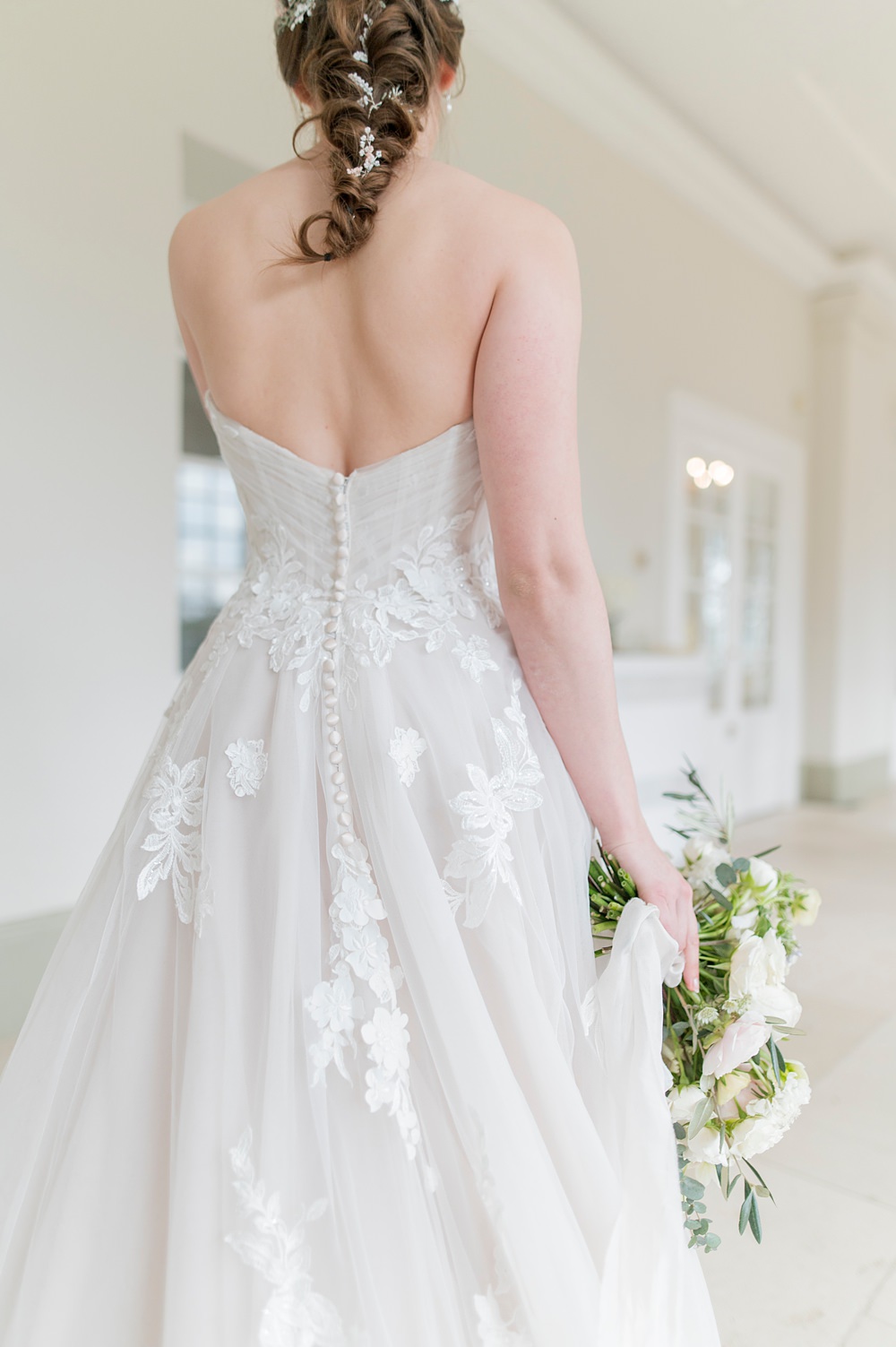 Peach Fuzz Sage Green Wedding Ideas Strapless Gown Bride Train Tulle Button Back Charlotte Sams