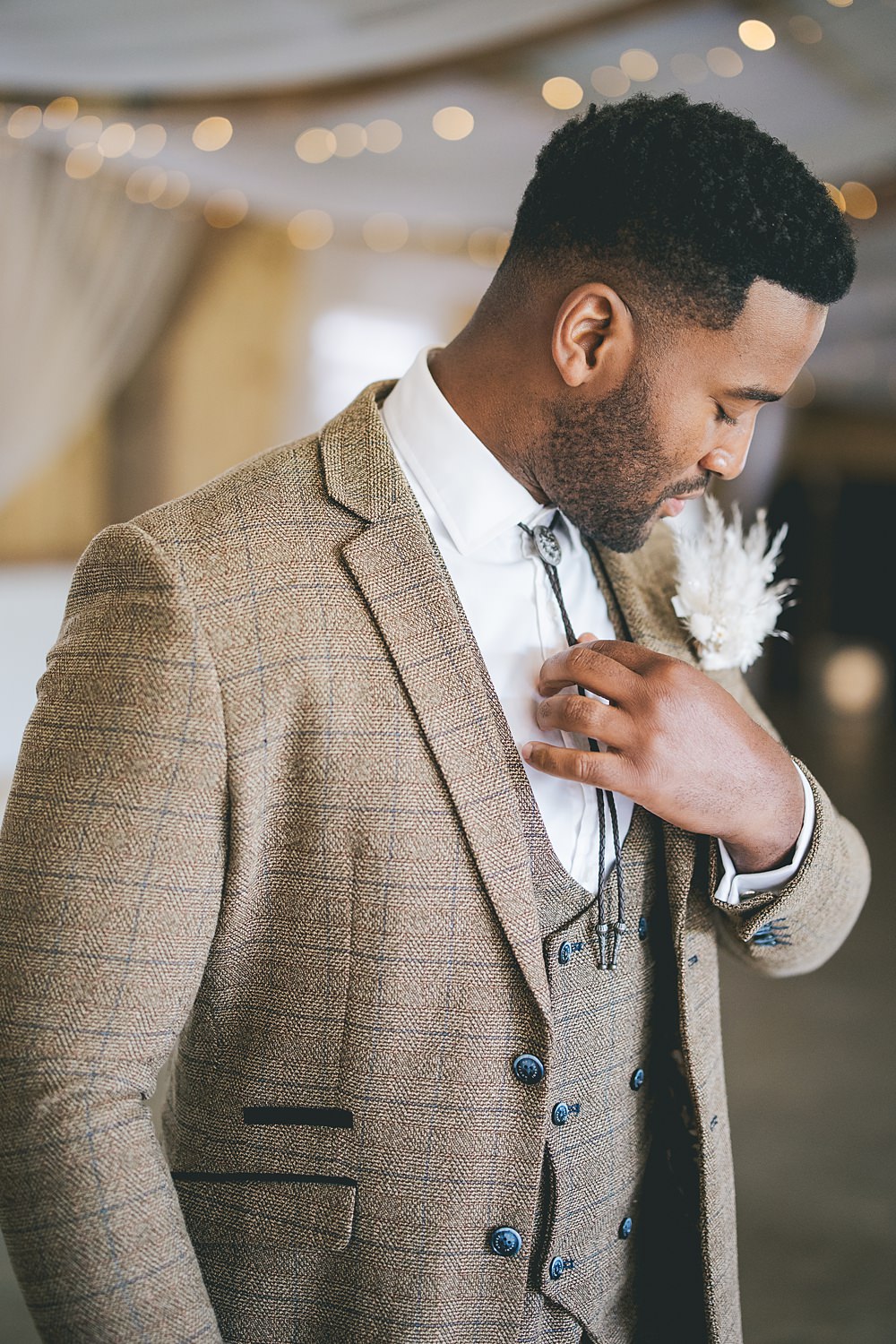 Boho Western Wedding Ideas Red Peacock Photography Groom Brown Suit Waistcoat